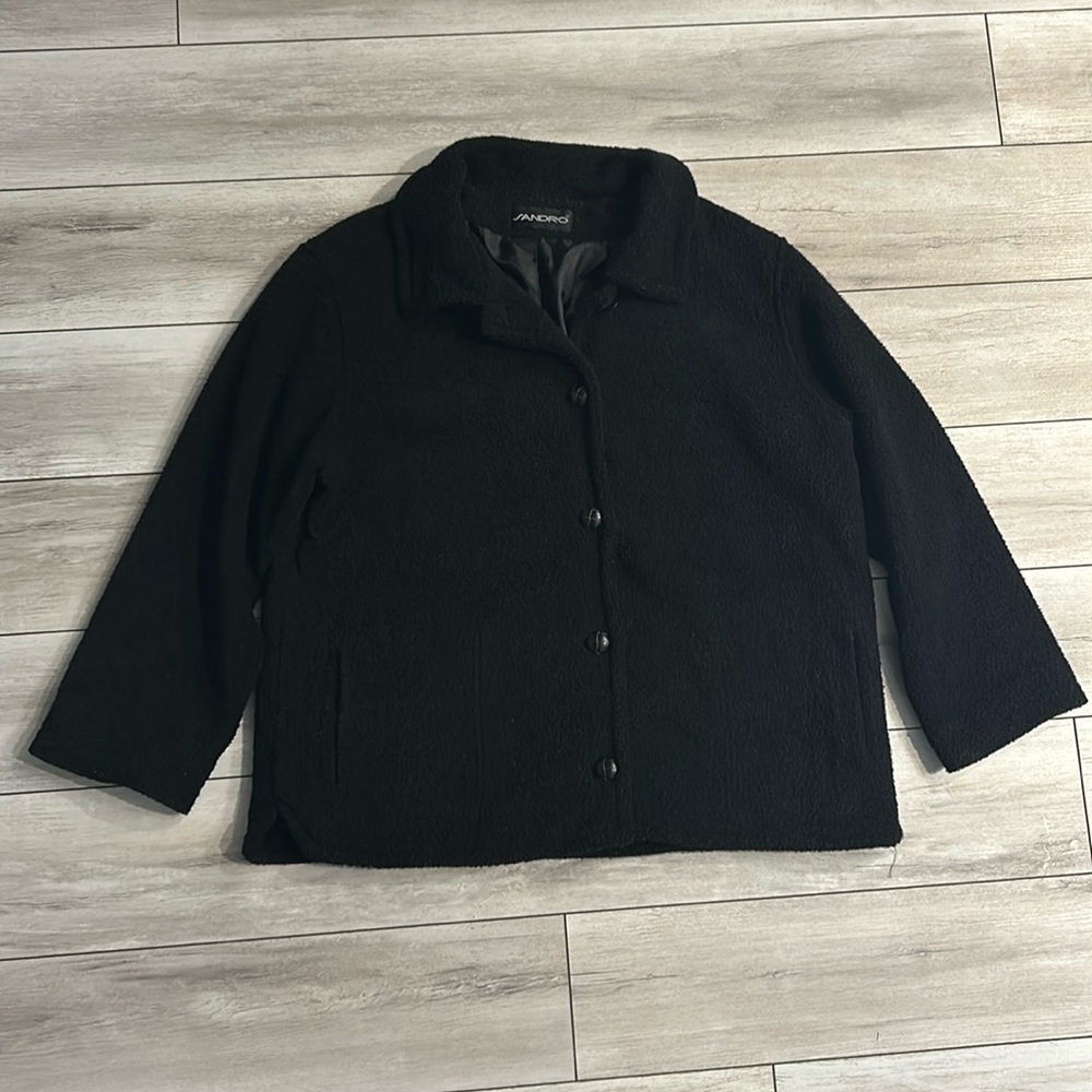 SANDRO black polyester teddy bear fleece button front jacket size large Y2K - Picture 2 of 8